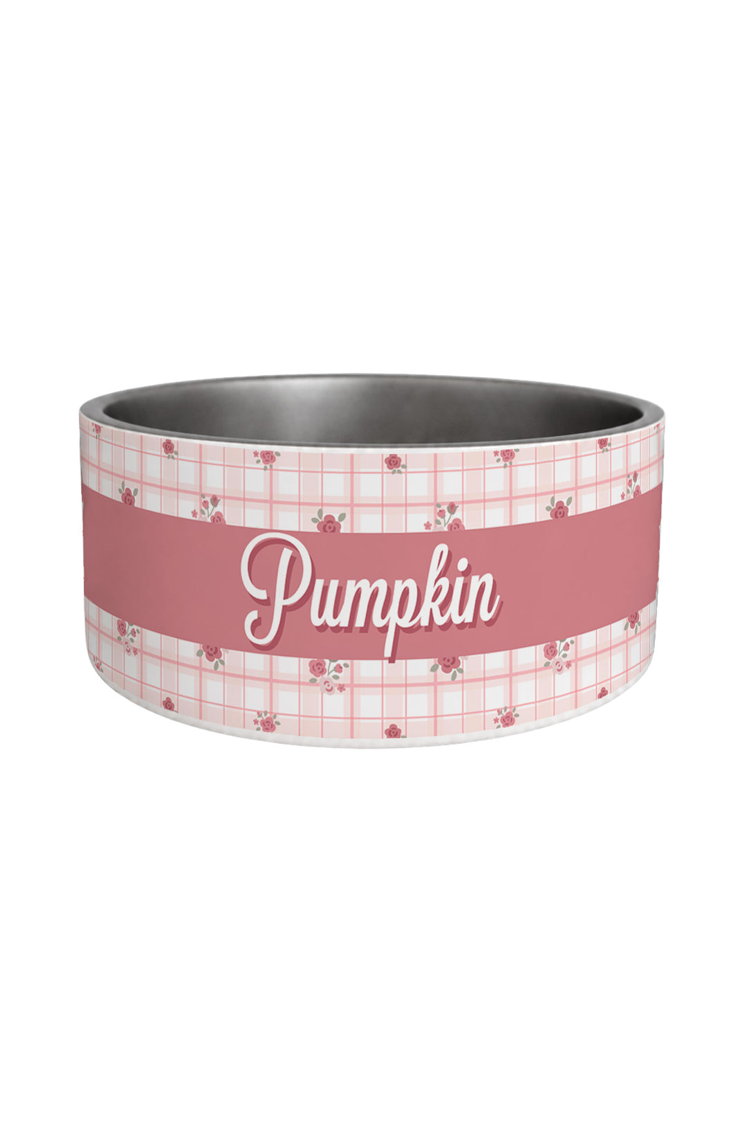 Caden Lane personalized large stainless steel pet bowl with a pink Primrose Plaid print exterior and rose pink "Pumpkin" name band around the middle.