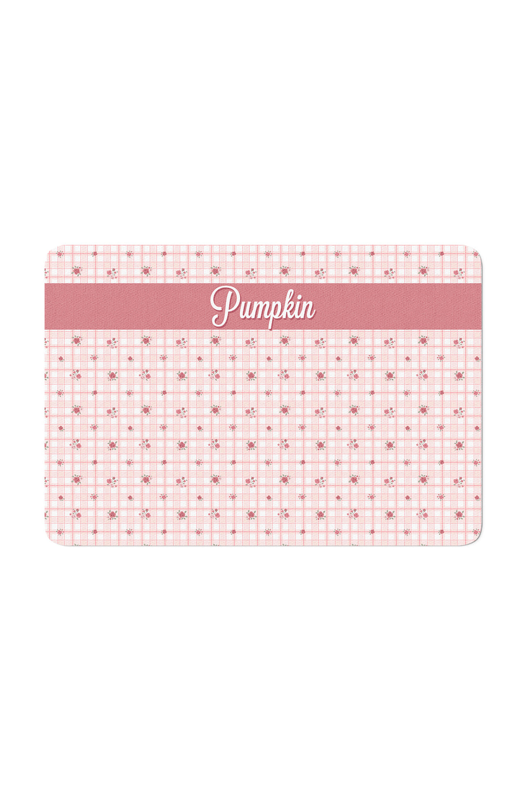 Caden Lane personalized rectangular pet placemat in pink Primrose Plaid print with a small floral pattern and a rose pink "Pumpkin" name banner near the top.