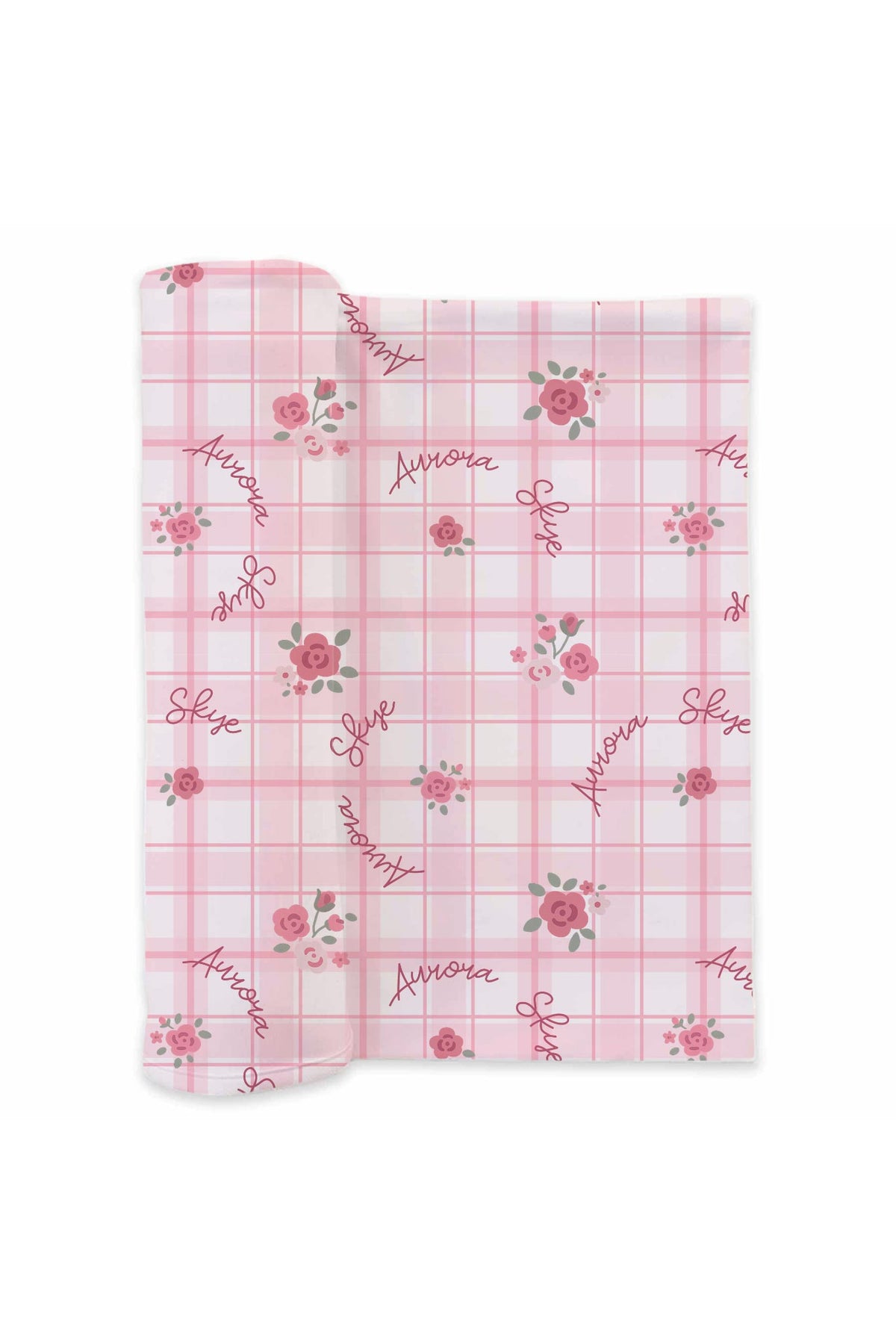 Personalized Primrose Plaid swaddle blanket mockup unrolled