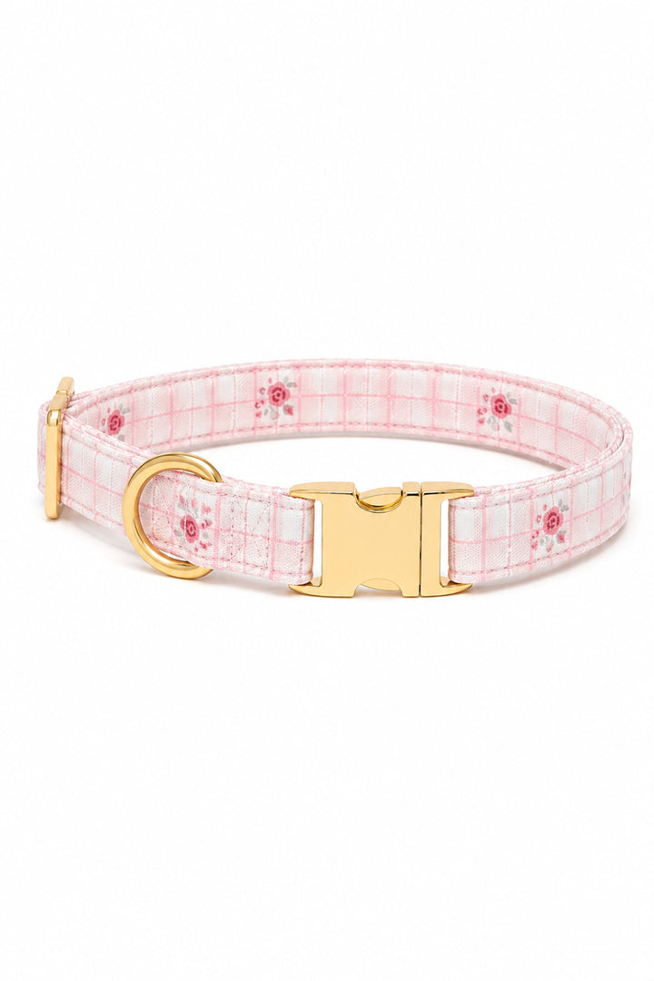 A Lane & Leash light pink and white plaid dog collar with small red floral accents and shiny gold-tone hardware, shown on a plain white background.