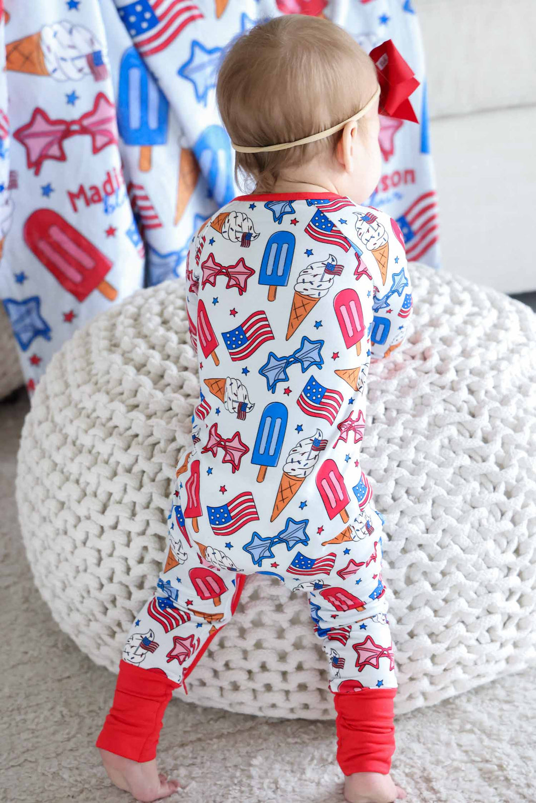 patriotic convertible zip romper - red white and cool bamboo 4th of july baby outfit