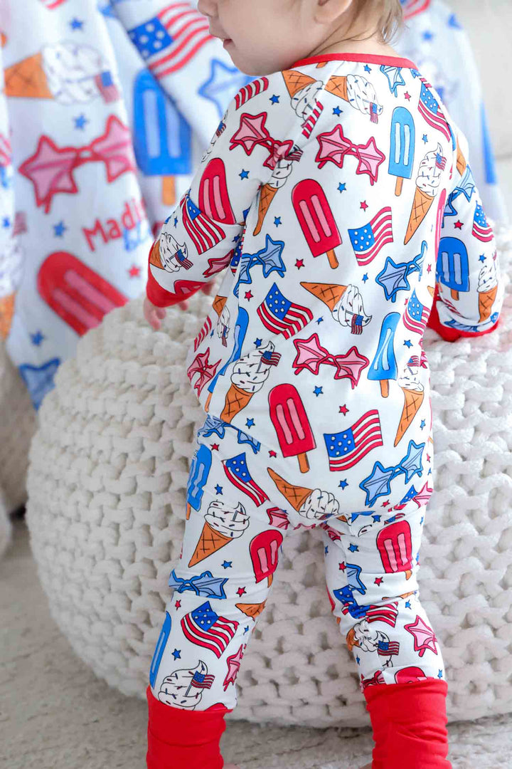 bamboo convertible zip romper in red white and cool - 4th of july patriotic baby pajamas