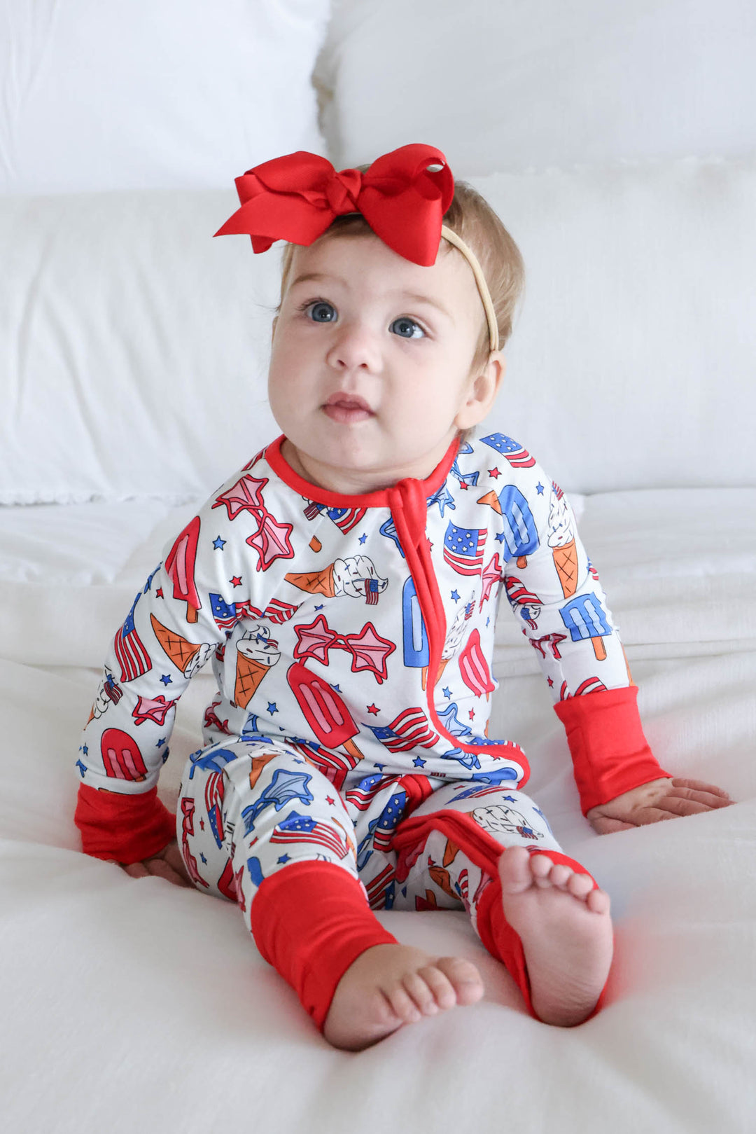 red white and cool bamboo baby romper with convertible zipper - 4th of july infant outfit
