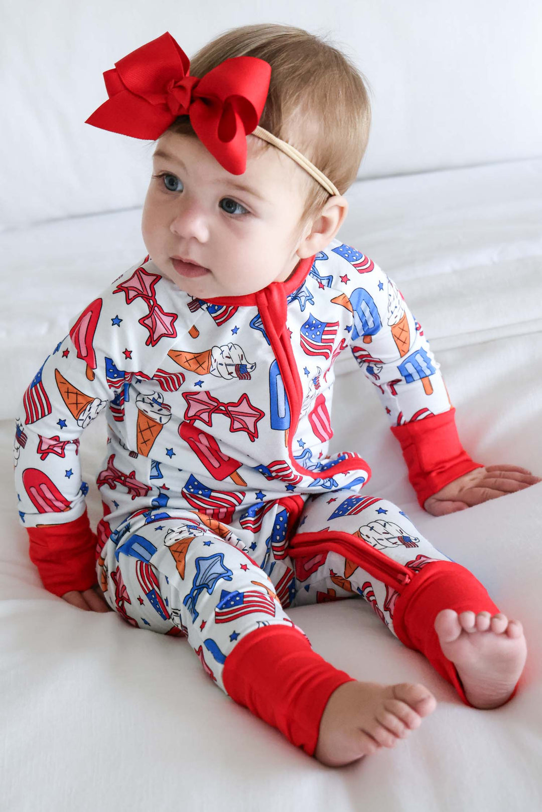 caden lane red white and cool convertible zip romper - bamboo 4th of july baby pajamas with double zipper