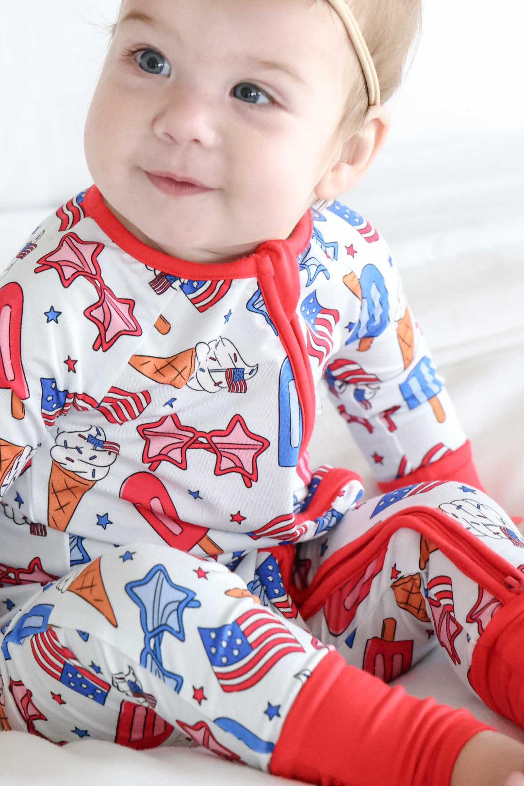 caden lane 4th of july convertible zip romper - red white and cool patriotic bamboo baby romper