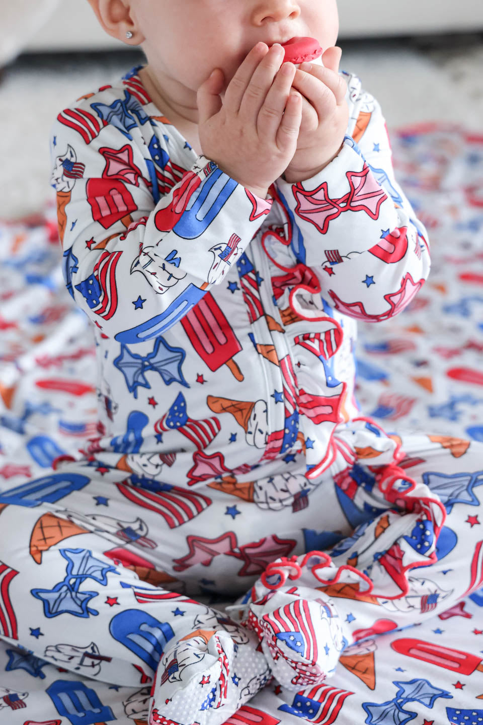 caden lane patriotic ruffle zipper footie in red white and cool - 4th of july bamboo infant sleeper