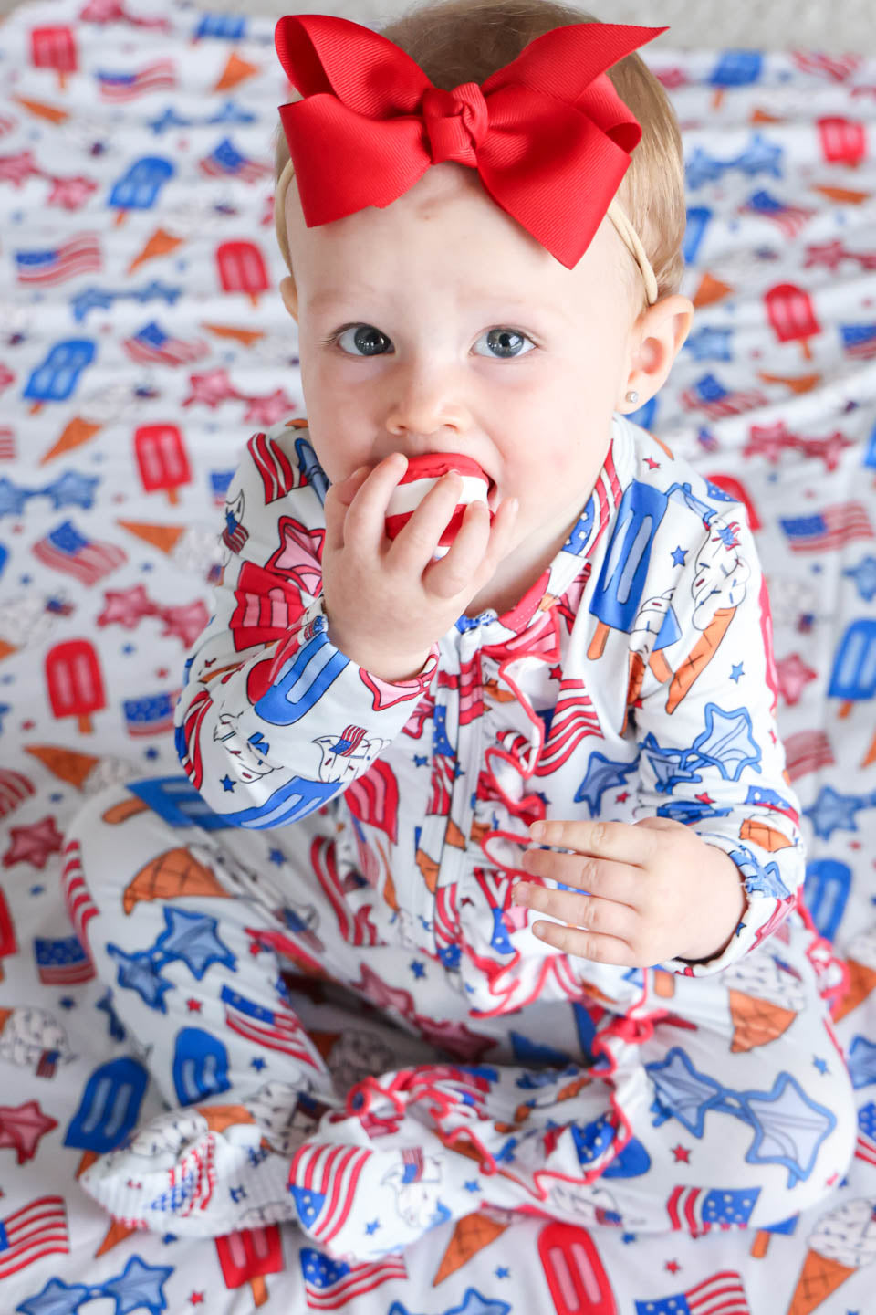 caden lane candy red bow headband detail - patriotic 4th of july baby girl accessory