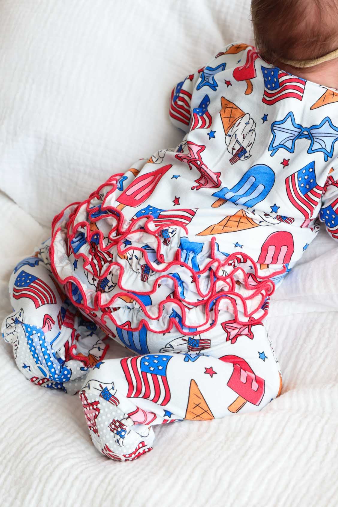 Ruffle Zipper Footie | Red, White & Cool