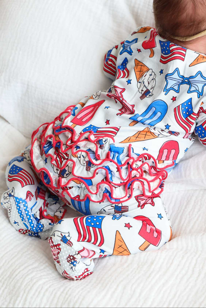 caden lane red white and cool ruffle zipper footie - 4th of july patriotic bamboo baby pajamas