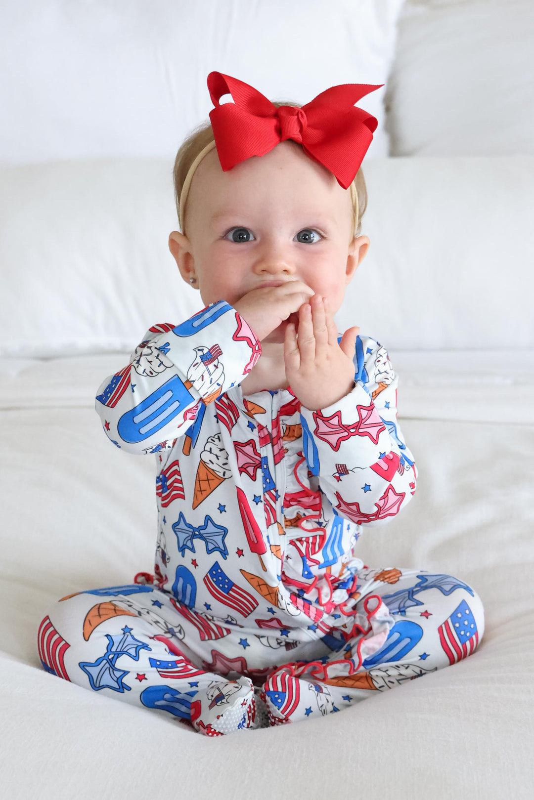 red white and cool bamboo ruffle zipper footie - caden lane 4th of july flags print baby footie