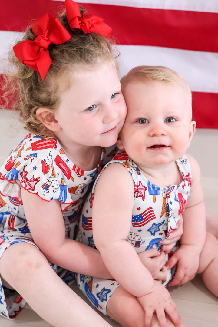 caden lane patriotic red white and cool sleeveless romper back view - 4th of july baby outfit