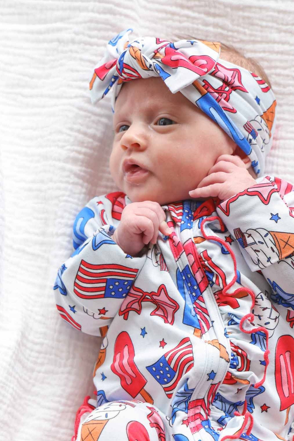 red white and cool knit large bow headwrap - caden lane 4th of july patriotic baby girl hair accessory