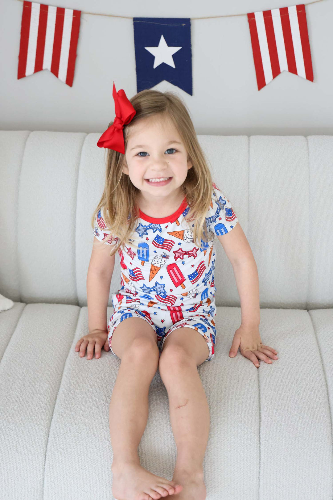 red white and cool bamboo two piece short pajama set - caden lane 4th of july flags print pjs