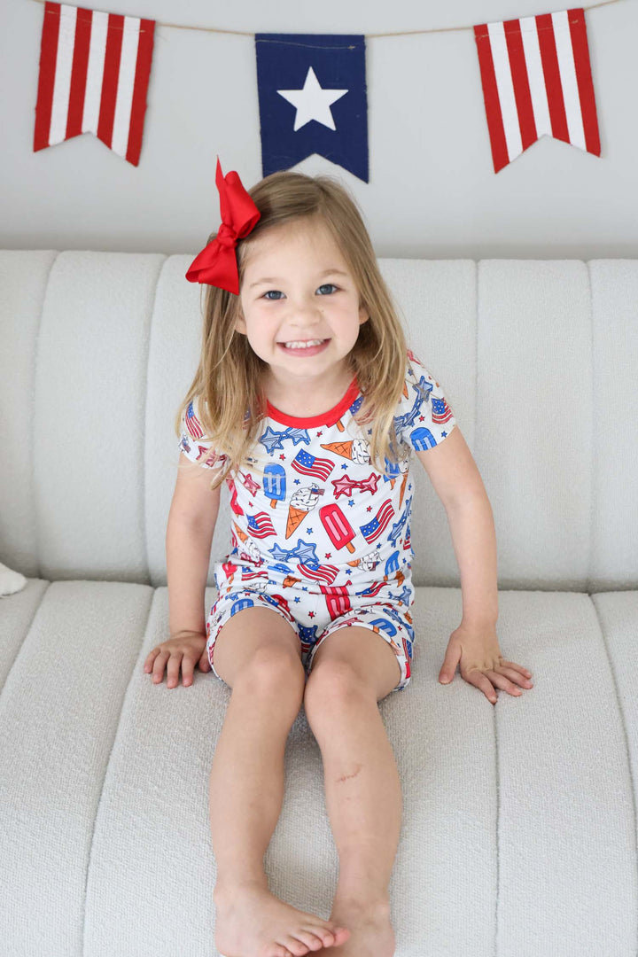 red white and cool bamboo two piece short pajama set - caden lane 4th of july flags print pjs