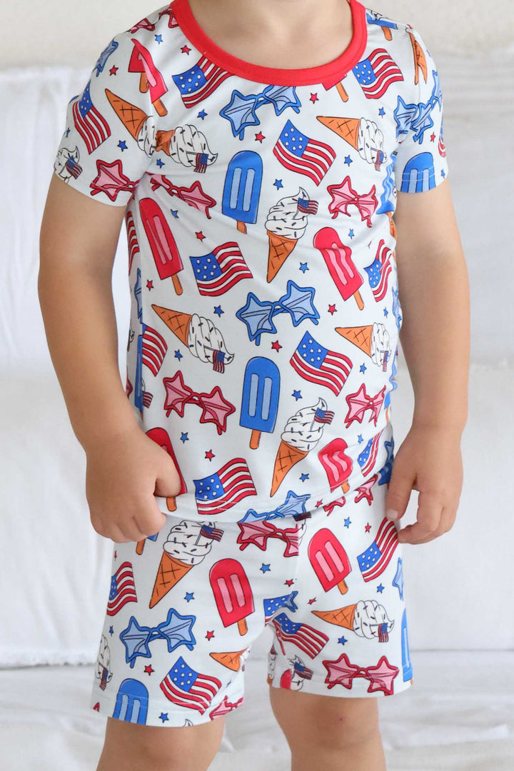caden lane patriotic two piece short pajama set in red white and cool - 4th of july bamboo kids sleepwear