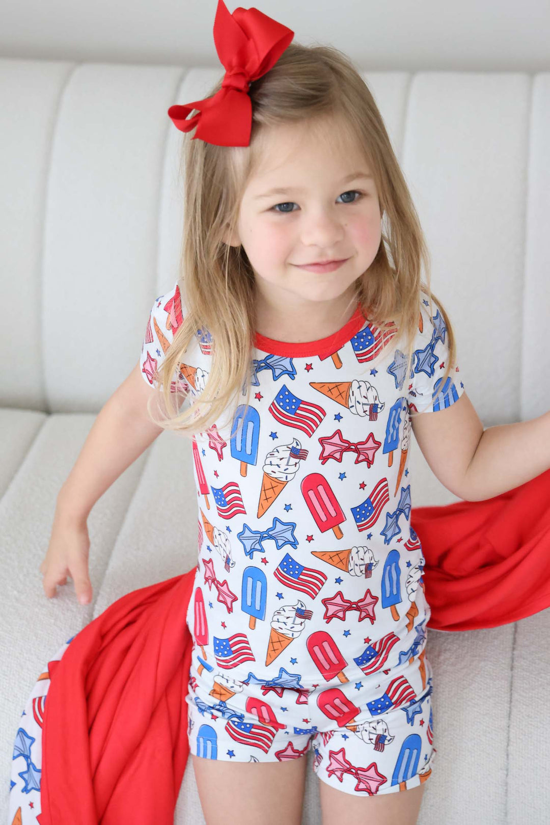 caden lane red white and cool short bamboo pj set flat lay - patriotic 4th of july kids outfit