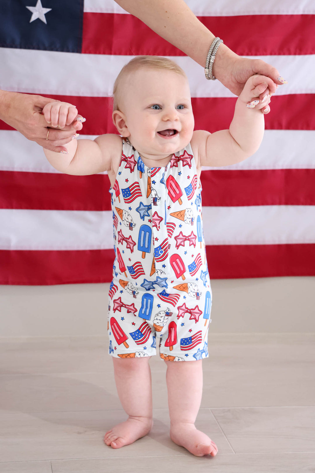 caden lane red white and cool sleeveless snap romper - 4th of july patriotic baby summer outfit