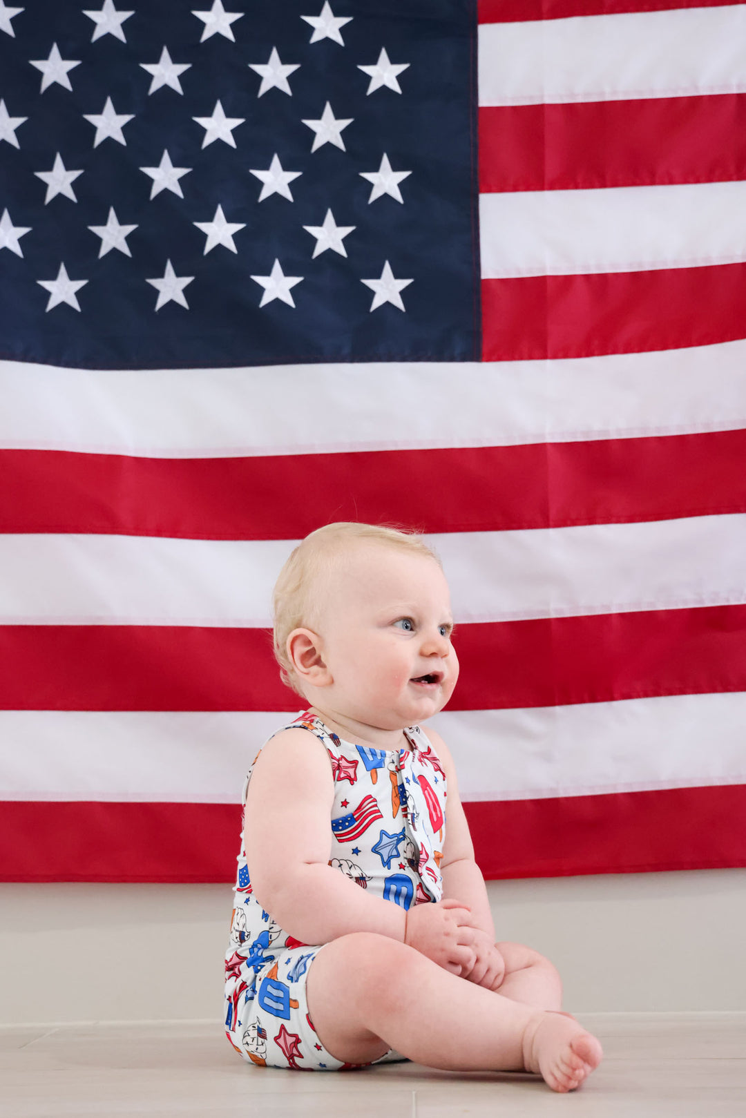caden lane red white and cool snap romper - flags and ice cream patriotic bamboo baby romper