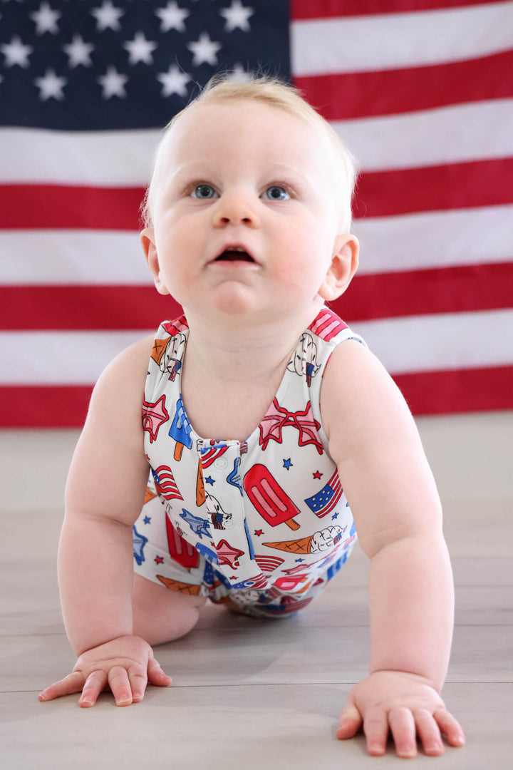 caden lane 4th of july sleeveless snap romper - red white and cool patriotic bamboo baby summer