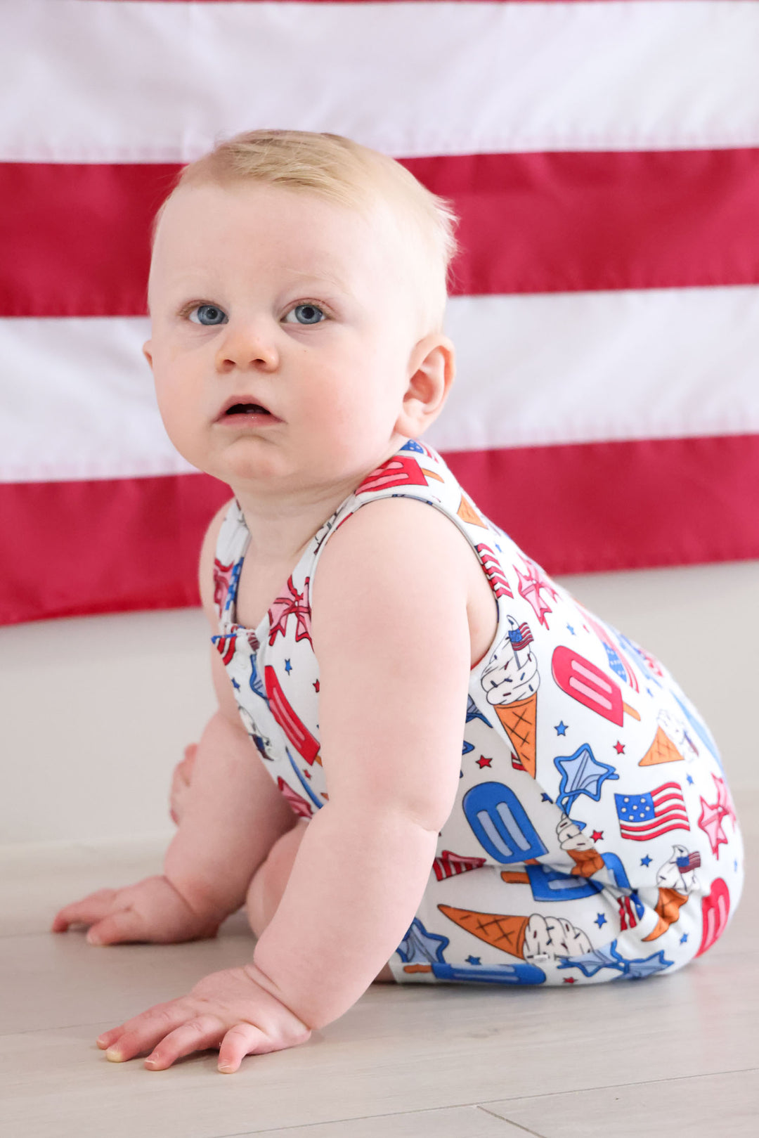 caden lane red white and cool sleeveless snap romper - 4th of july patriotic baby summer outfit