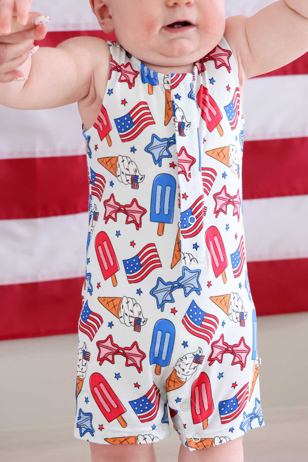 red white and cool bamboo sleeveless snap romper - caden lane 4th of july flags print baby outfit