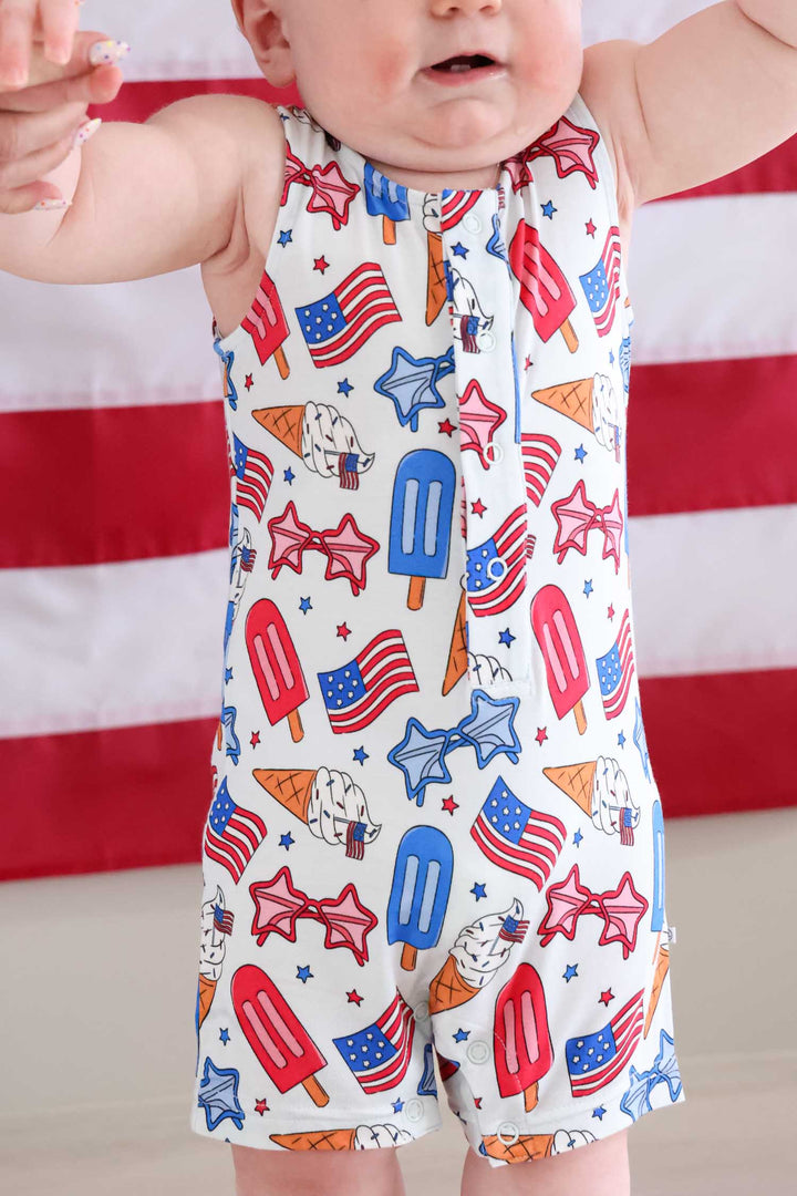 red white and cool bamboo sleeveless snap romper - caden lane 4th of july flags print baby outfit