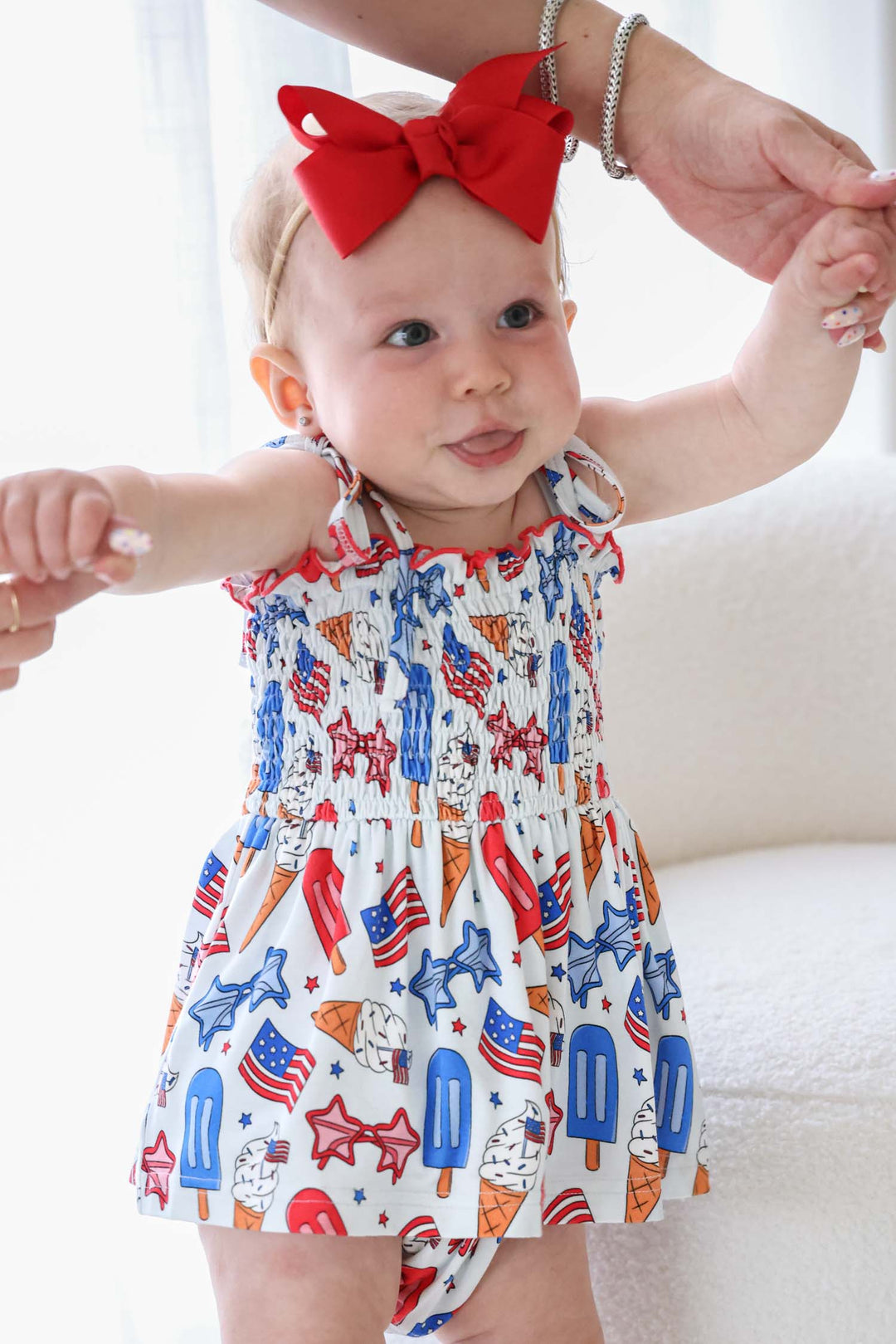caden lane red white and cool smocked twirl bodysuit - 4th of july patriotic baby girl onesie