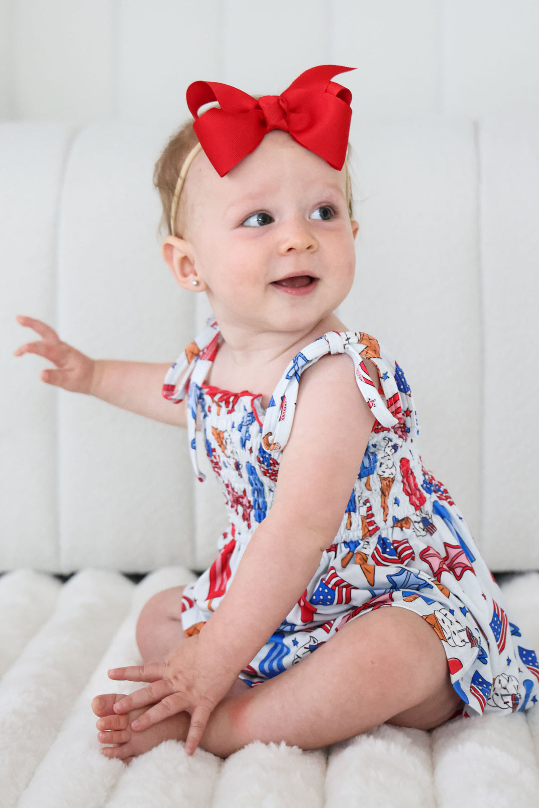 caden lane red white and cool smocked bodysuit - flags and ice cream patriotic bamboo baby