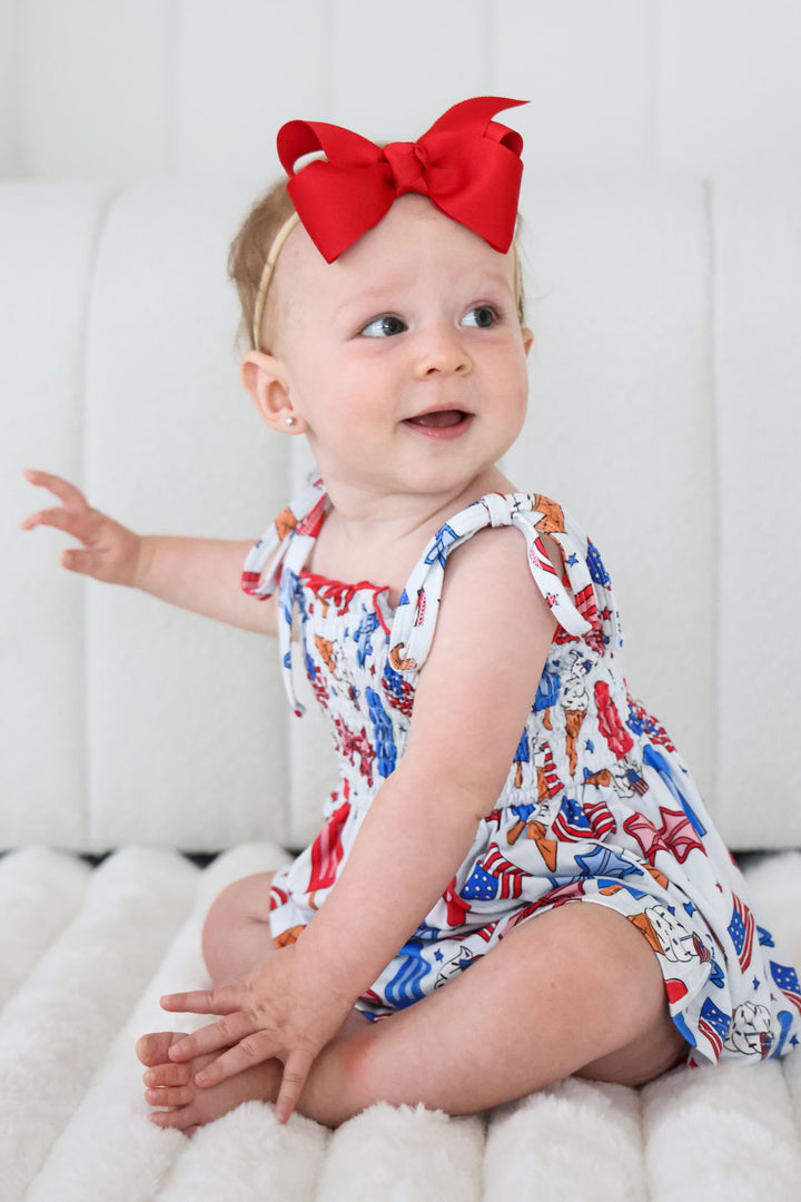 caden lane red white and cool smocked bodysuit - flags and ice cream patriotic bamboo baby