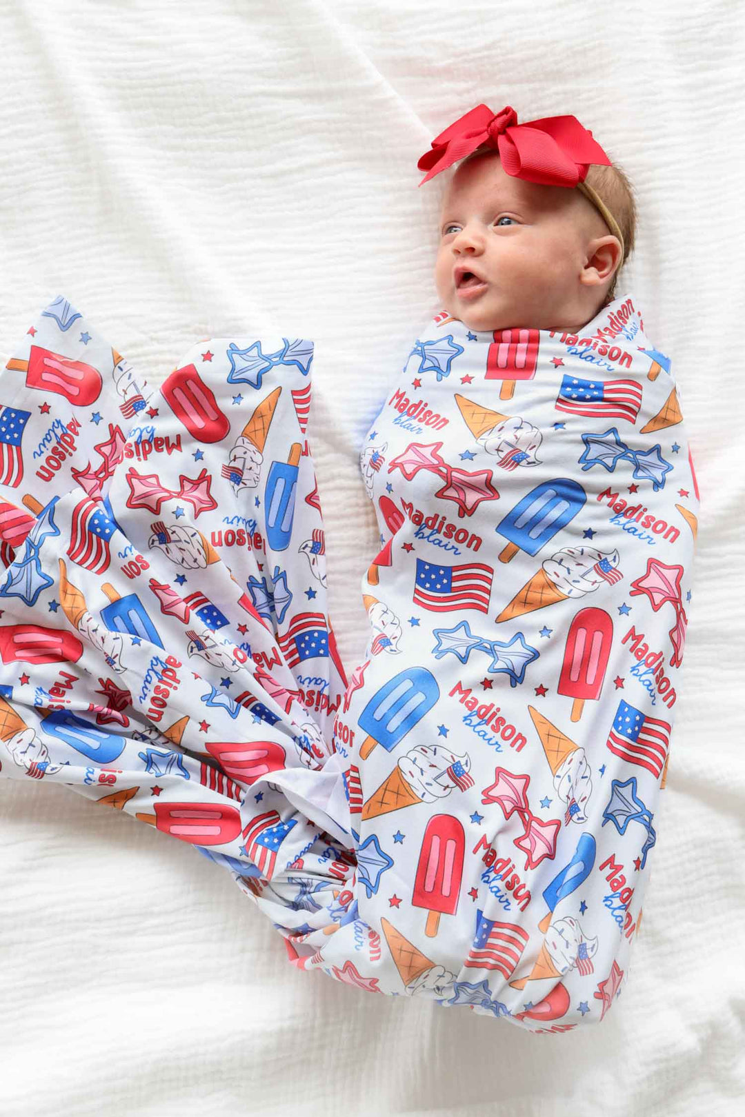 caden lane personalized red white and cool swaddle blanket - 4th of july patriotic baby gift