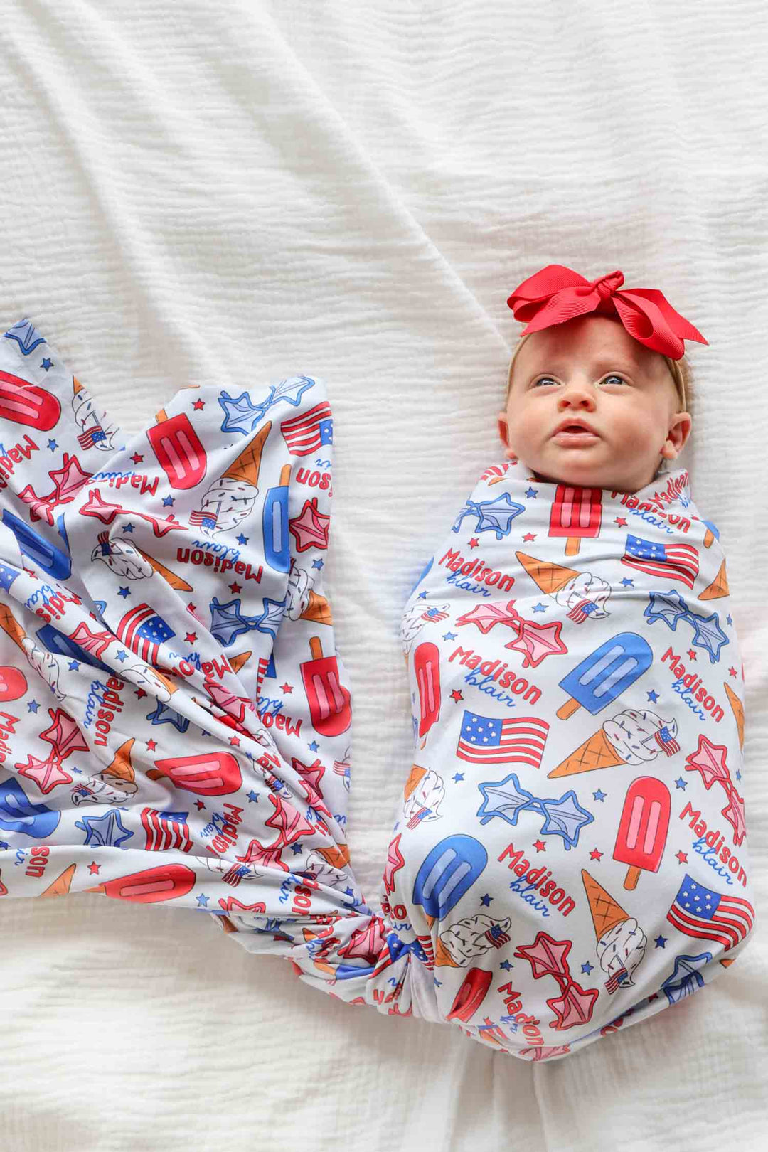 personalized red white and cool bamboo swaddle blanket - caden lane 4th of july monogram baby gift