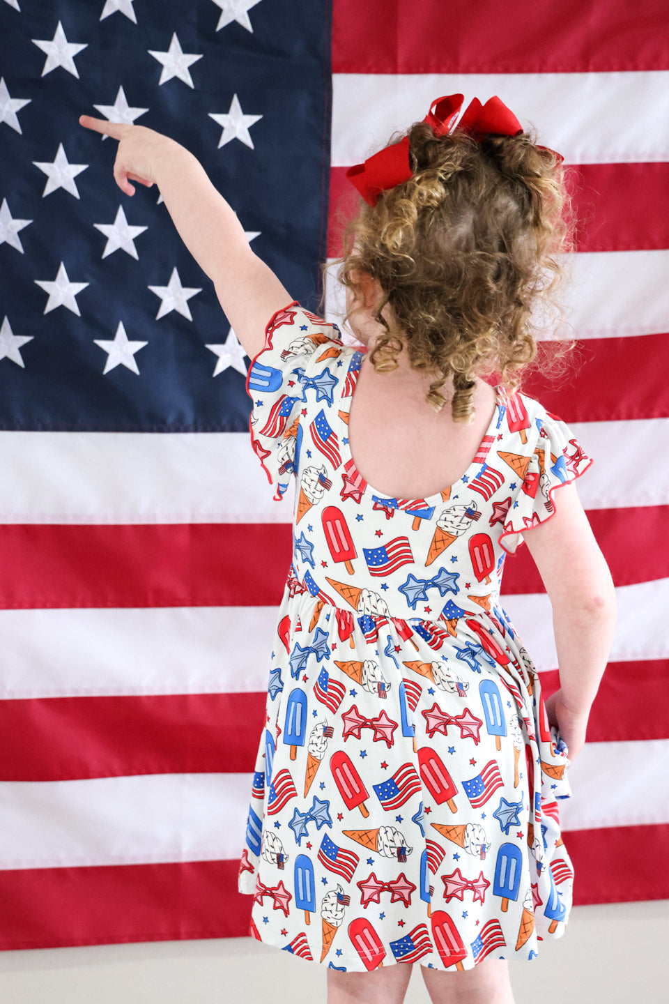 red white and cool bamboo ruffle twirl dress - caden lane 4th of july flags print toddler dress