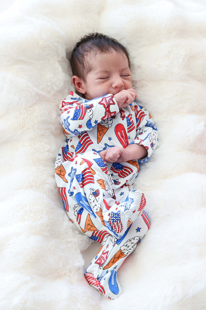 caden lane red white and cool zipper footie lifestyle - 4th of july bamboo baby pajamas
