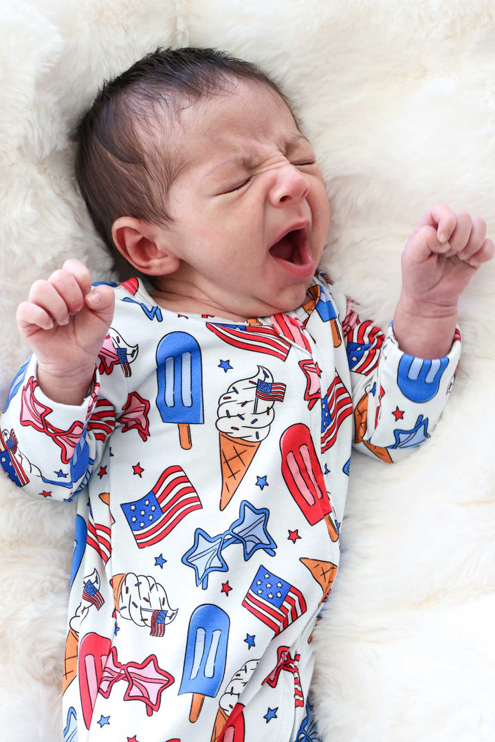 red white and cool bamboo zipper footie for babies - caden lane 4th of july flags print