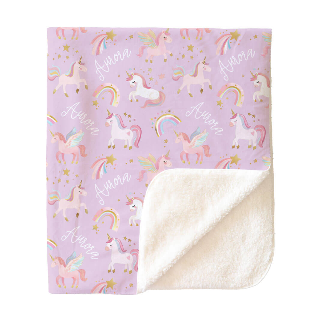 girls personalized unicorn blanket with reverse sherpa side 