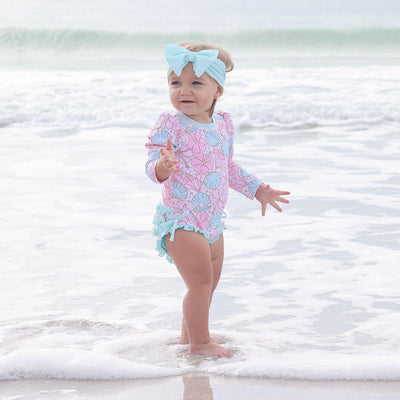 ruffle bottom rash guard swimsuit with long sleeves for kids ocean pearl