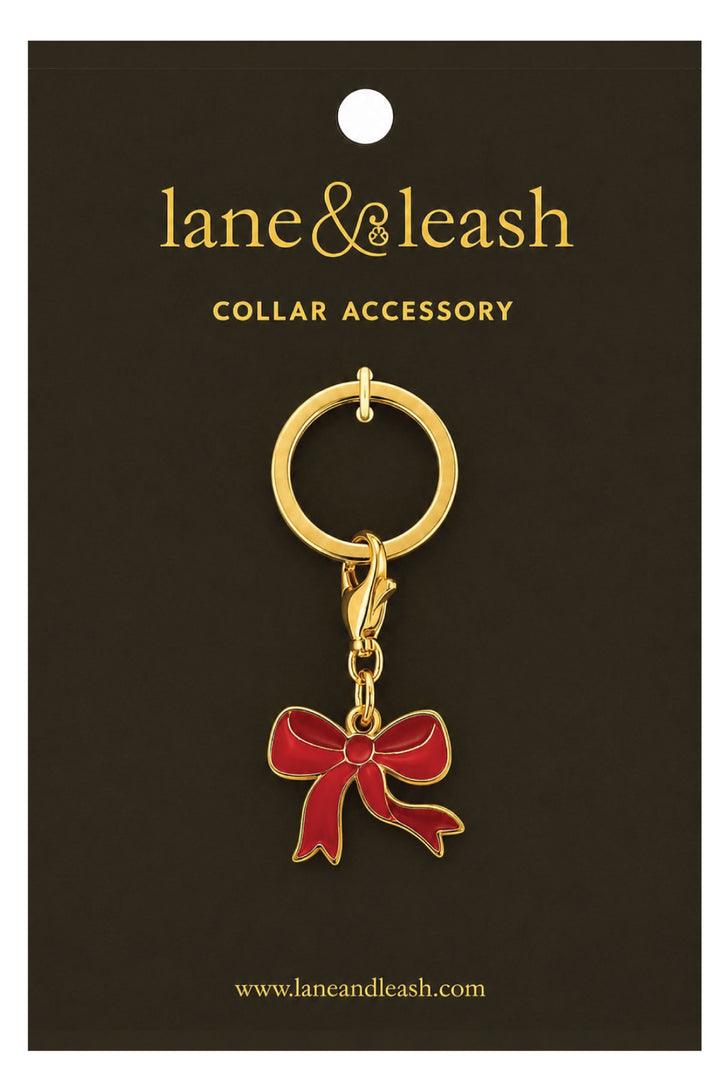 Lane & Leash red bow charm collar accessory on branded packaging card, gold ring with lobster clasp and enamel red bow charm