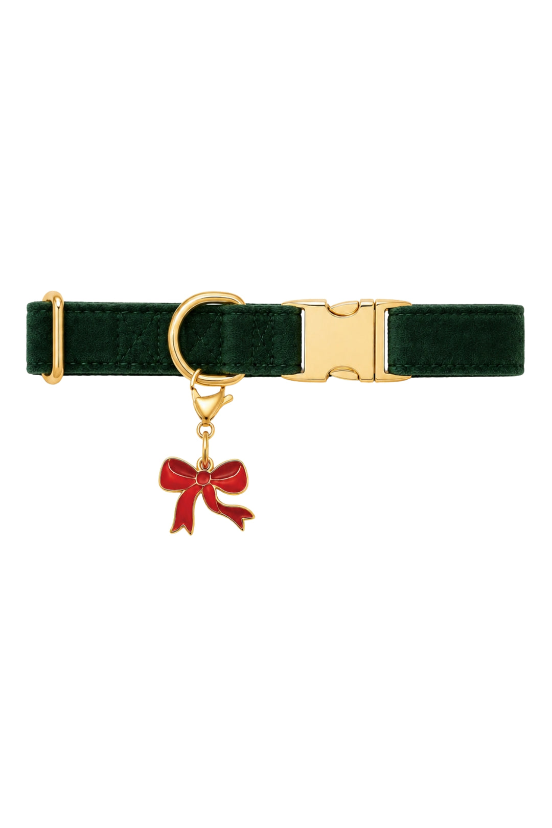 Lane & Leash dark green velvet collar with gold buckle and enamel red bow charm