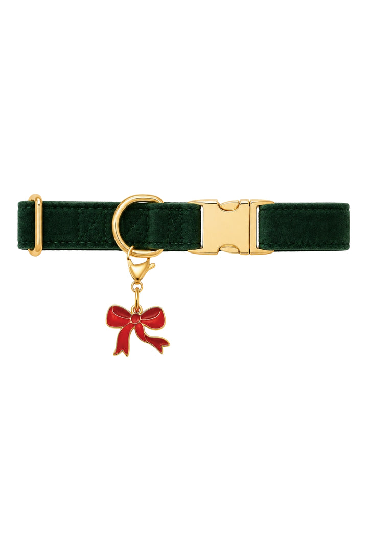 Lane & Leash dark green velvet collar with gold buckle and enamel red bow charm