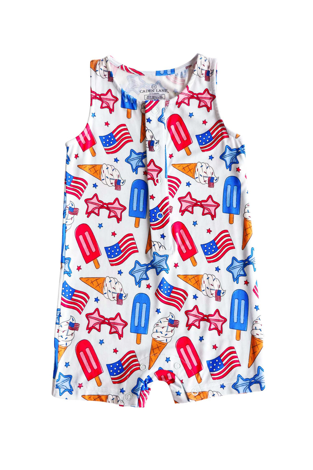 caden lane patriotic sleeveless snap romper in red white and cool - 4th of july baby girl romper