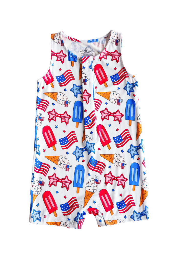 caden lane patriotic sleeveless snap romper in red white and cool - 4th of july baby girl romper