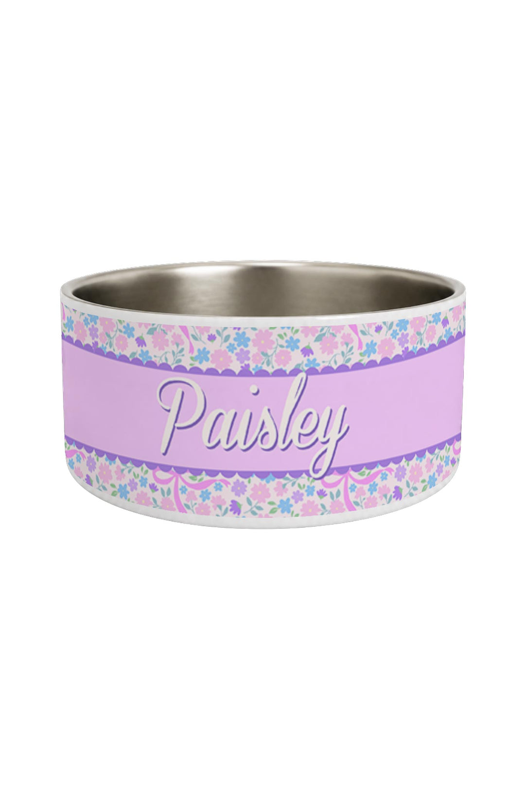 Personalized stainless steel pet bowl with a Ribbon Garden print wrap — pink floral design with a lavender stripe — personalized with the name "Paisley" in script font