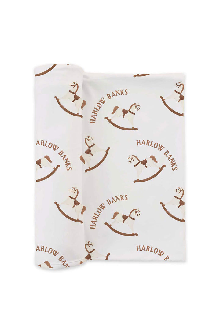 neutral rocking horse personalized swaddle blanket 