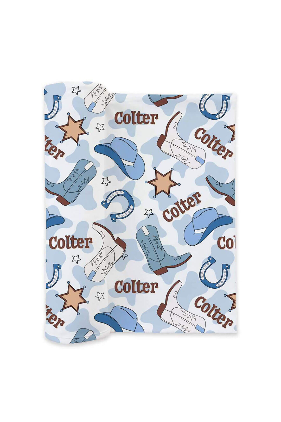 blue personalized western themed swaddle blanket for newborn boys 