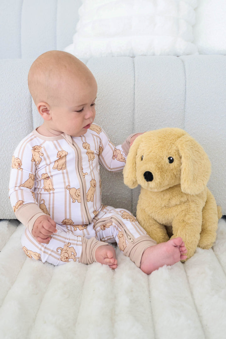 caden lane ruff life convertible zip romper – golden retriever print