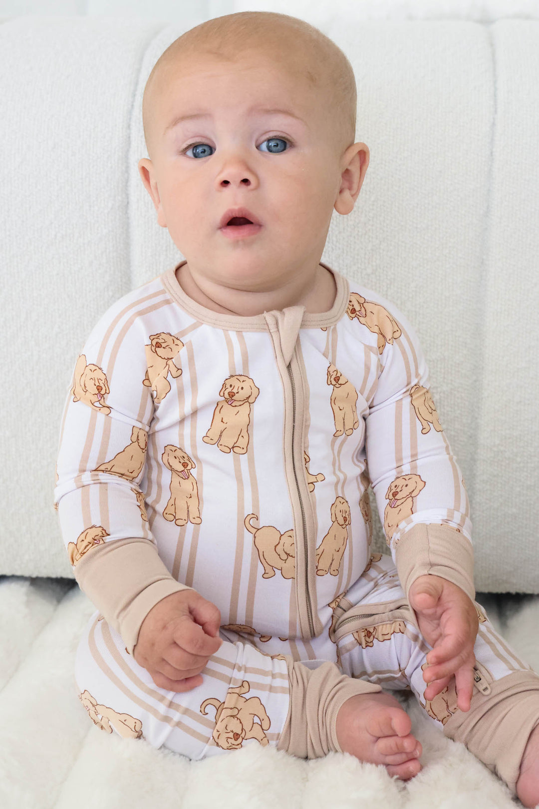 caden lane convertible zip romper with golden retriever print for babies