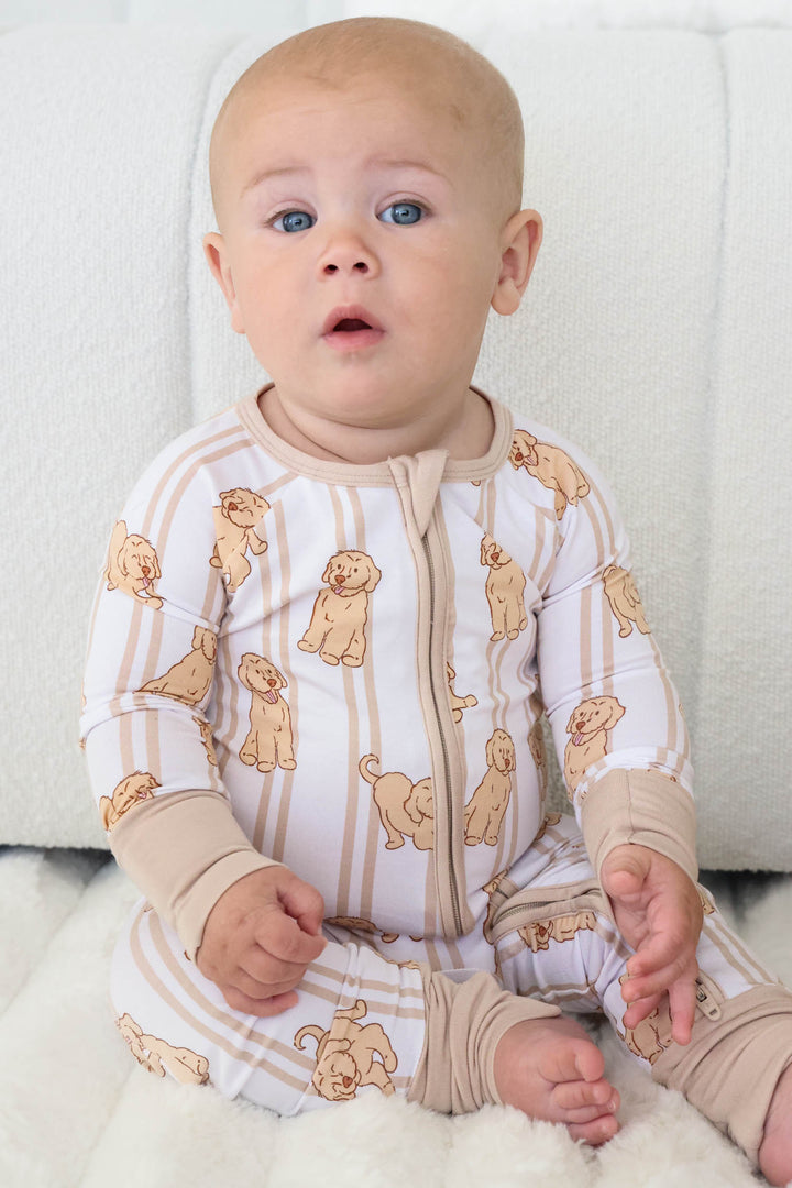 caden lane convertible zip romper with golden retriever print for babies