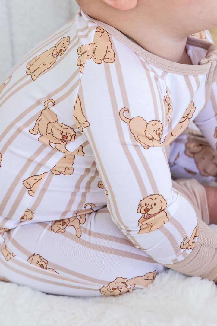 caden lane ruff life zip romper for babies – golden retriever and lab design