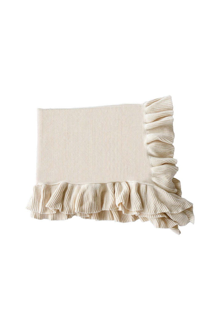 A cream-colored ribbed knit throw blanket with ruffled trim on two short ends, displayed flat against a solid white background.