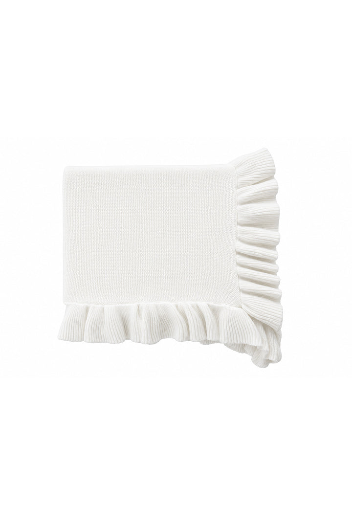 A folded white knit throw blanket with a ruffled edge, shown on a plain white background.